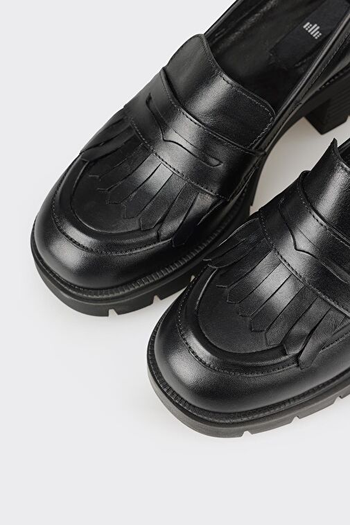 Siyah Deri Kadın Orta Topuk Ayakkabı - Görsel 5