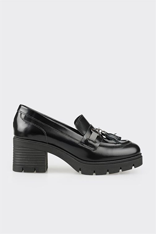 Siyah Deri Kadın Orta Topuk Ayakkabı - Görsel 2