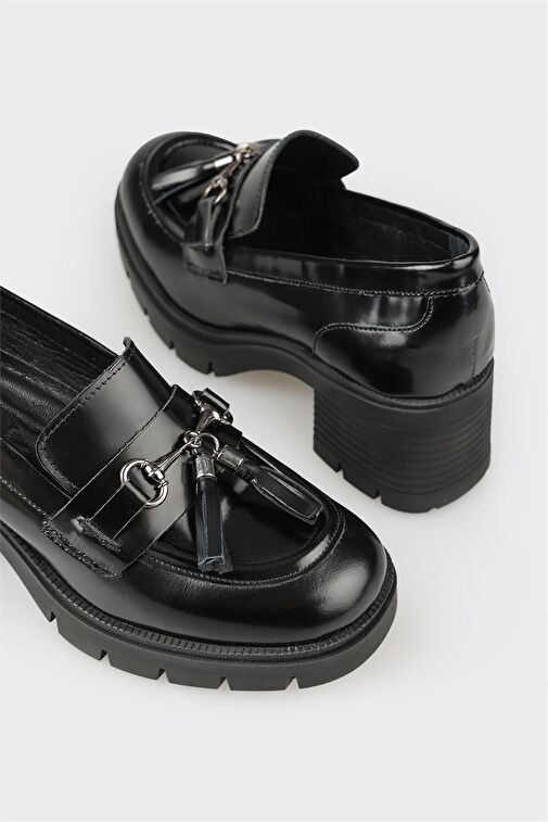 Siyah Deri Kadın Orta Topuk Ayakkabı - Görsel 5