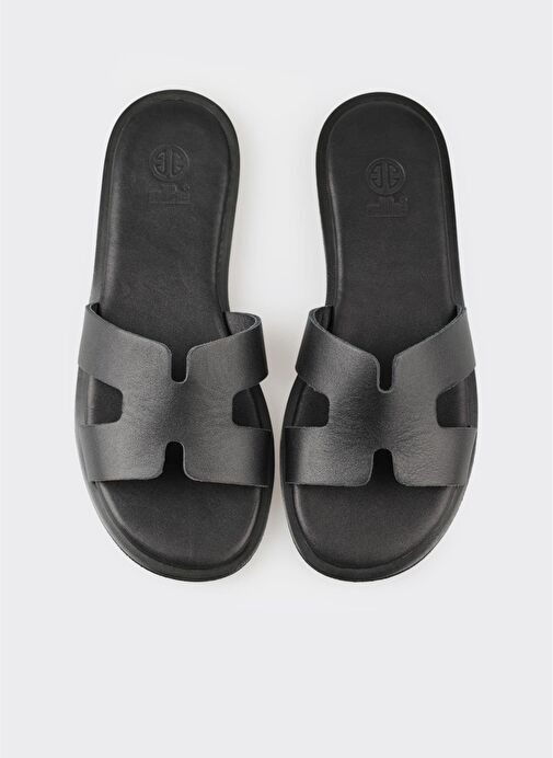 Siyah Deri Kadın Düz Terlik - Görsel 8