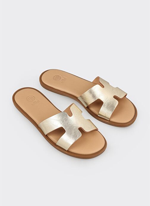 Gold Deri Kadın Düz Terlik - Görsel 3
