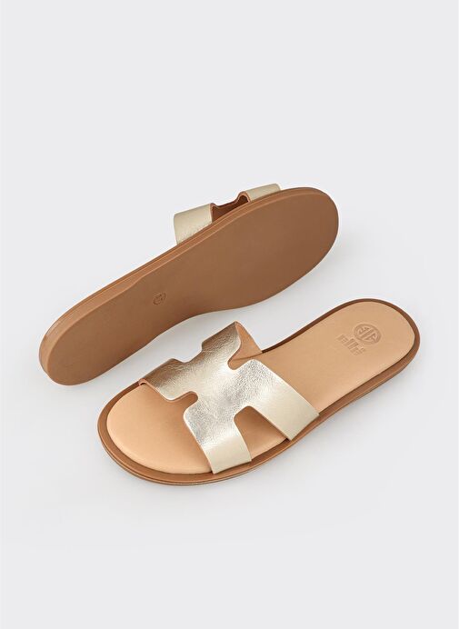 Gold Deri Kadın Düz Terlik - Görsel 4