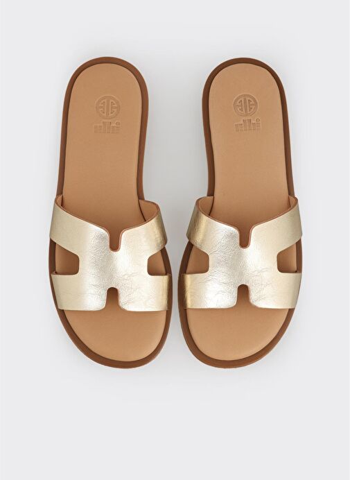 Gold Deri Kadın Düz Terlik - Görsel 5
