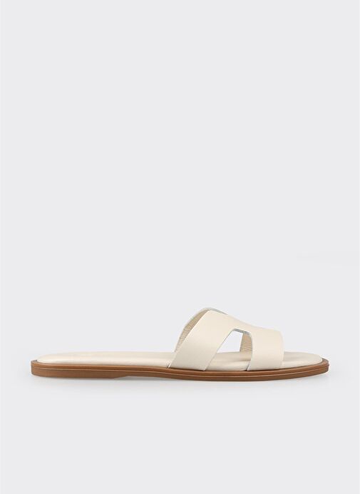 Ekru Deri Kadın Düz Terlik - Görsel 2