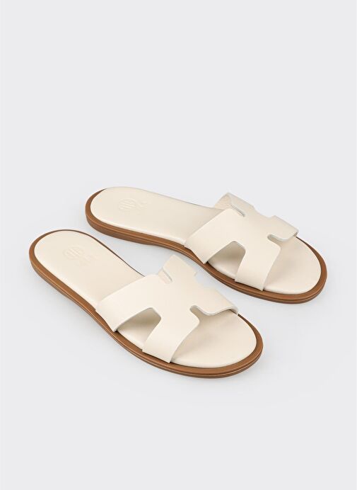 Ekru Deri Kadın Düz Terlik - Görsel 3