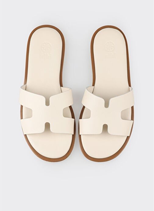 Ekru Deri Kadın Düz Terlik - Görsel 5