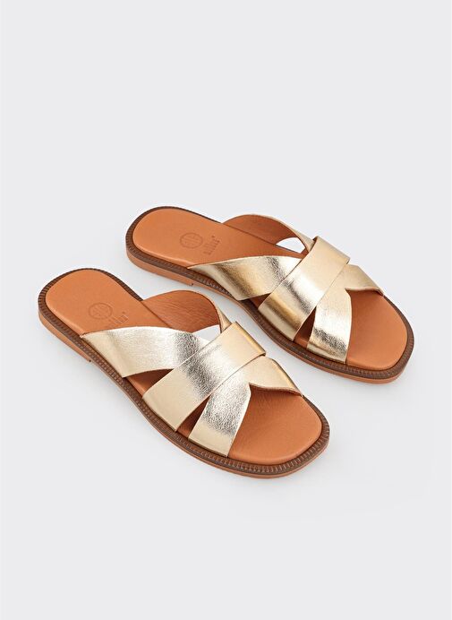 Gold Deri Kadın Düz Terlik - Görsel 3