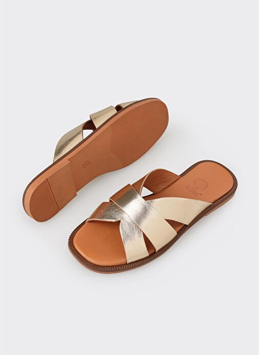 Gold Deri Kadın Düz Terlik - Görsel 4