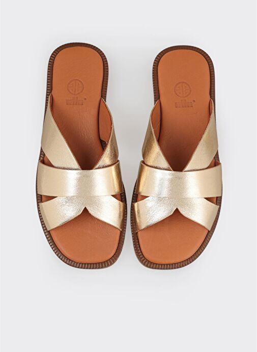 Gold Deri Kadın Düz Terlik - Görsel 5