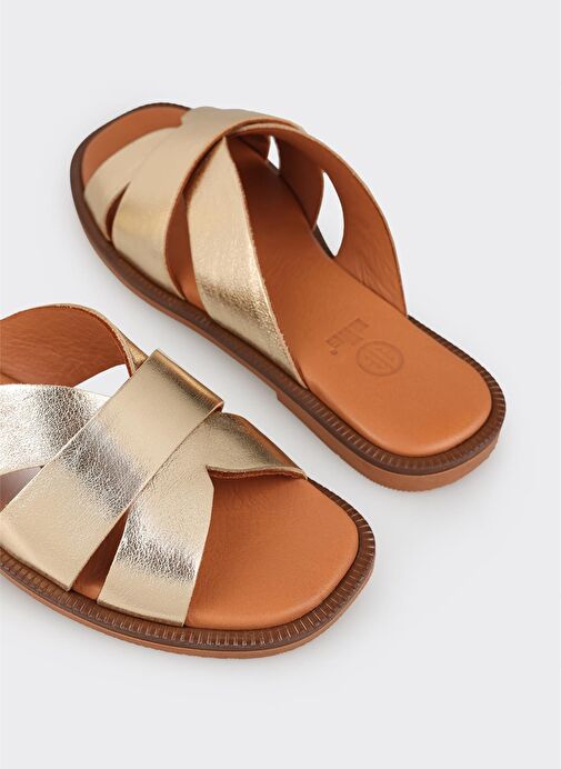 Gold Deri Kadın Düz Terlik - Görsel 6