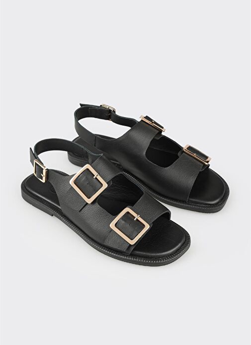 Siyah Deri Kadın Sandalet - Görsel 3