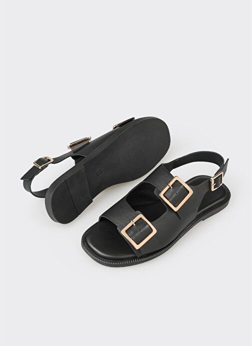 Siyah Deri Kadın Sandalet - Görsel 4