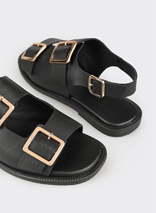 Siyah Deri Kadın Sandalet - Görsel 6