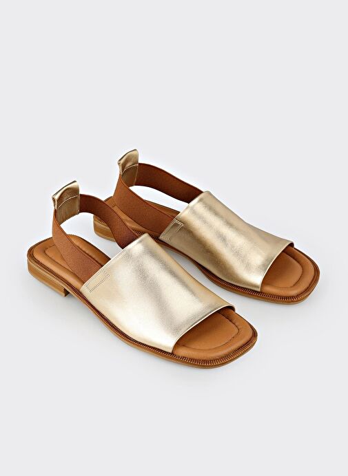Gold Deri Kadın Düz Sandalet - Görsel 3