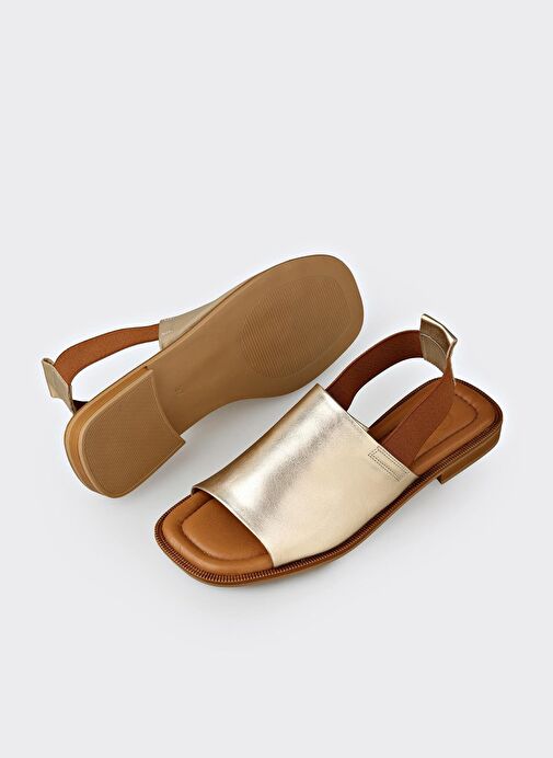 Gold Deri Kadın Düz Sandalet - Görsel 4