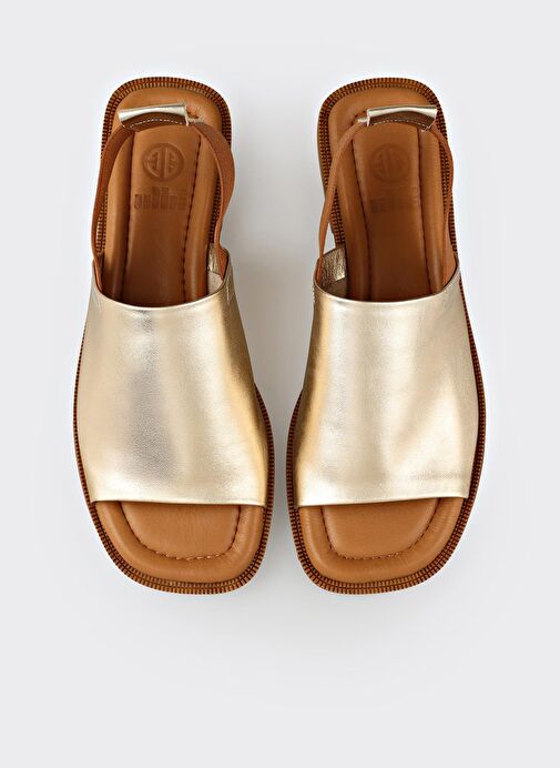 Gold Deri Kadın Düz Sandalet - Görsel 5