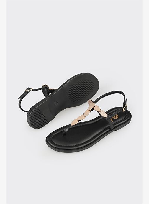 Siyah Deri Kadın Düz Sandalet - Görsel 4