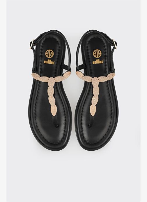 Siyah Deri Kadın Düz Sandalet - Görsel 5