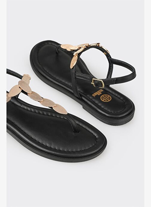 Siyah Deri Kadın Düz Sandalet - Görsel 6