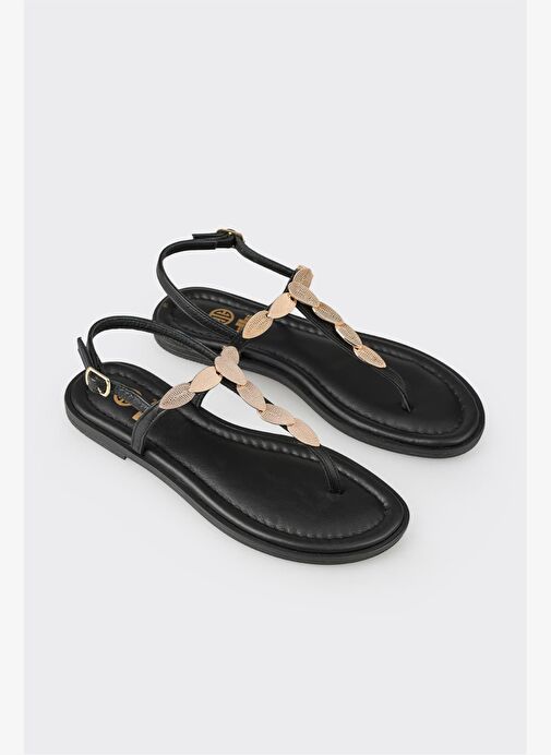 Siyah Deri Kadın Düz Sandalet - Görsel 3