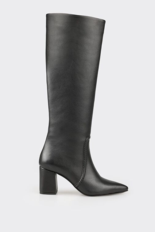 Siyah Deri Kadın Orta Topuk Çizme - Görsel 2