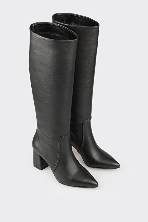 Siyah Deri Kadın Orta Topuk Çizme - Görsel 3