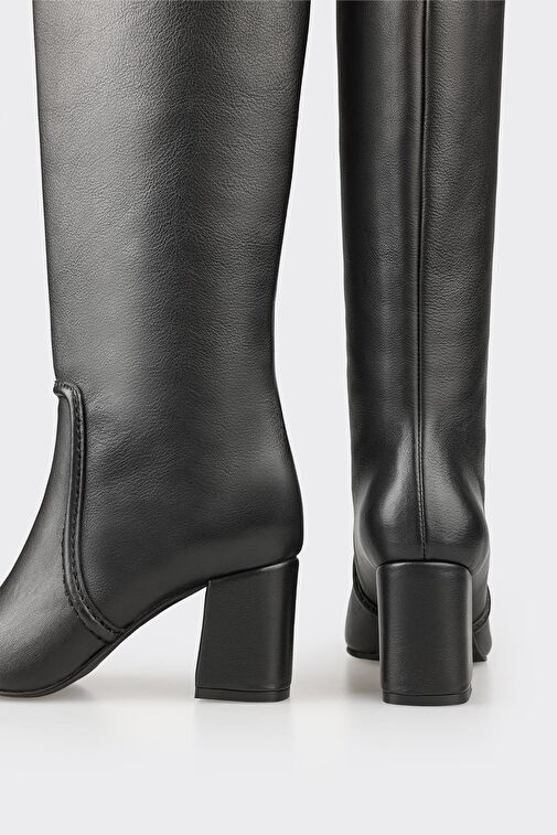 Siyah Deri Kadın Orta Topuk Çizme - Görsel 5
