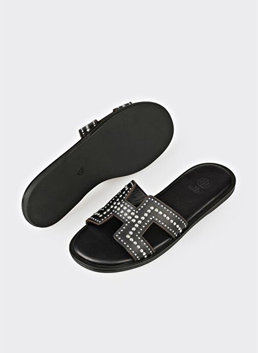 Siyah Deri Kadın Düz Terlik - Görsel 4