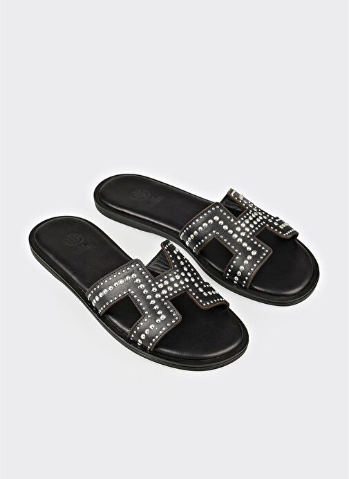 Siyah Deri Kadın Düz Terlik - Görsel 3