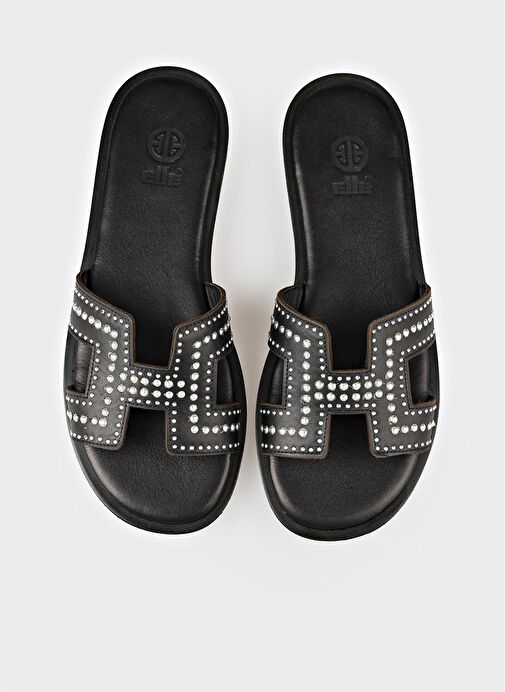 Siyah Deri Kadın Düz Terlik - Görsel 5