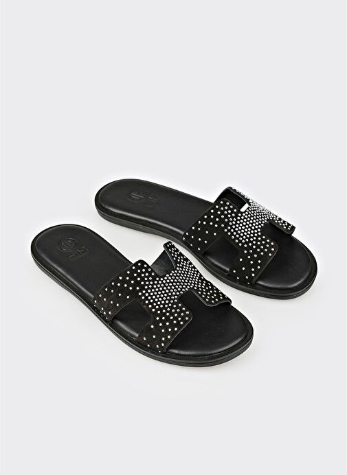 Siyah Deri Kadın Düz Terlik - Görsel 3