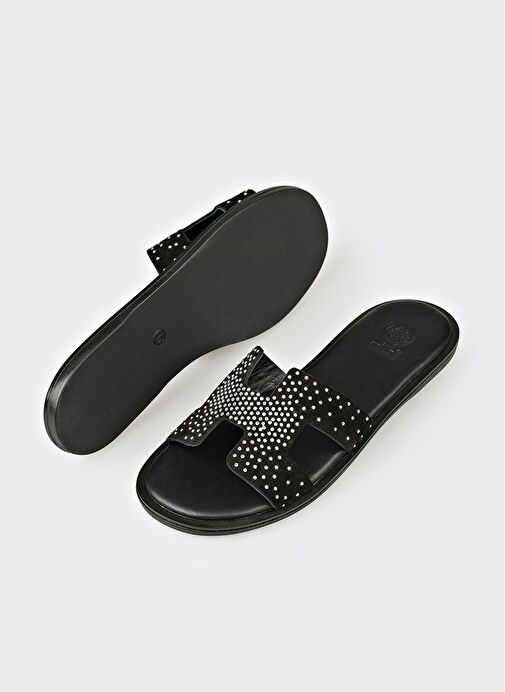 Siyah Deri Kadın Düz Terlik - Görsel 4