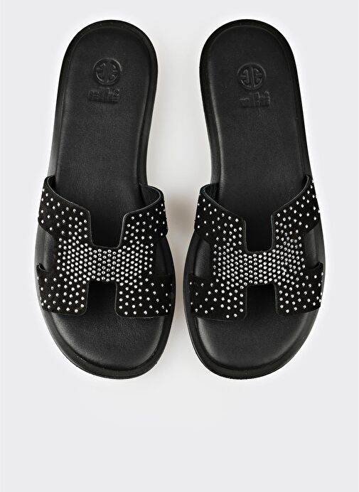 Siyah Deri Kadın Düz Terlik - Görsel 5