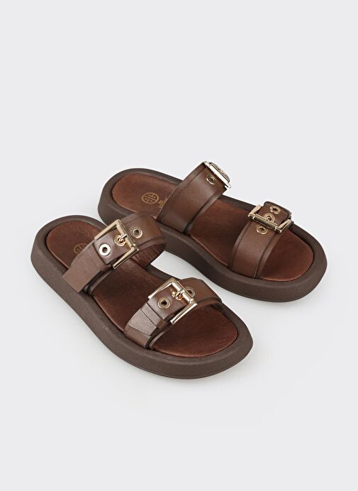 Kahve Deri Kadın Spor Terlik - Görsel 3