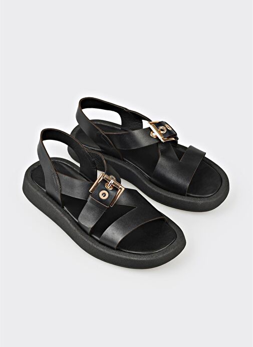 Siyah Deri Kadın Sandalet - Görsel 3