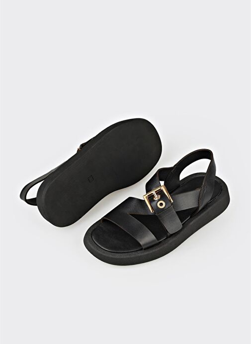 Siyah Deri Kadın Sandalet - Görsel 4