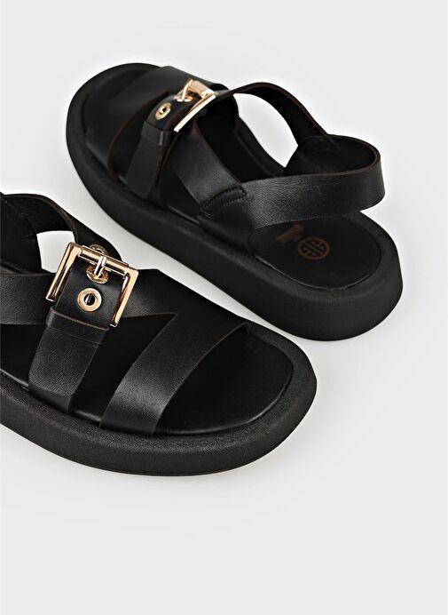 Siyah Deri Kadın Sandalet - Görsel 6