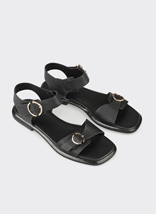 Siyah Deri Kadın Düz Sandalet - Görsel 3