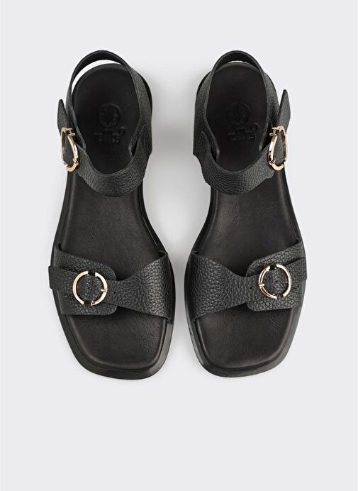 Siyah Deri Kadın Düz Sandalet - Görsel 5