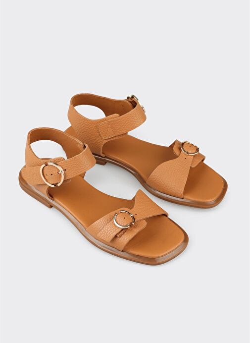 Taba Deri Kadın Düz Sandalet - Görsel 3