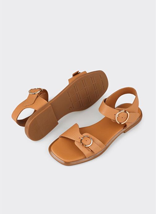 Taba Deri Kadın Düz Sandalet - Görsel 4