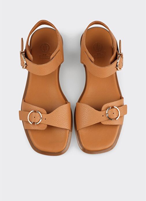 Taba Deri Kadın Düz Sandalet - Görsel 5