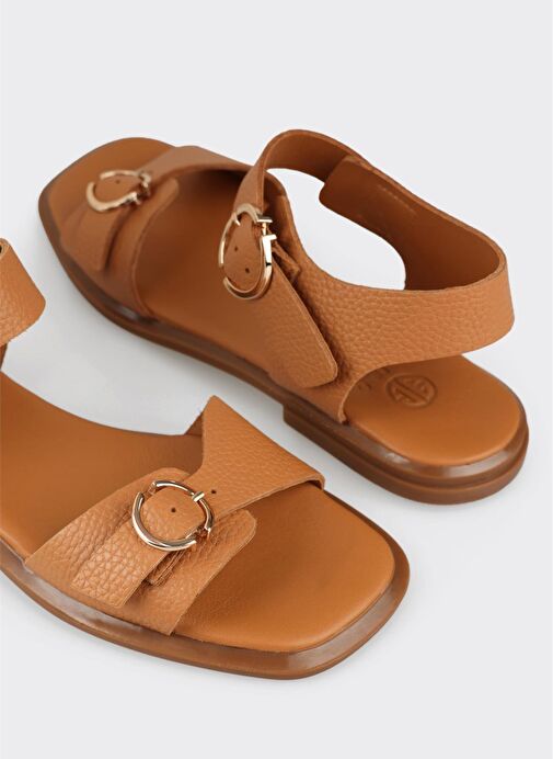 Taba Deri Kadın Düz Sandalet - Görsel 6