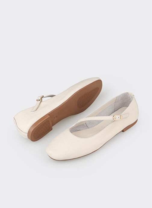 Ekru Deri Kadın Günlük Ayakkabı - Görsel 4