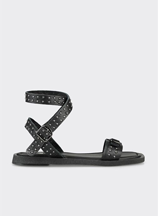 Siyah Deri Kadın Düz Sandalet - Görsel 2