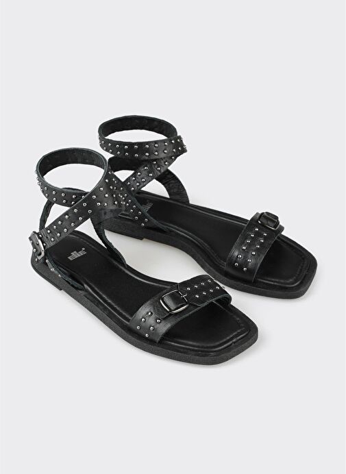 Siyah Deri Kadın Düz Sandalet - Görsel 3