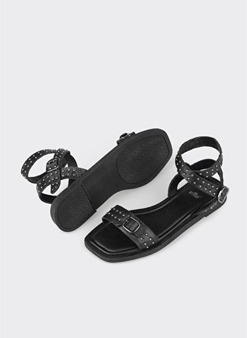 Siyah Deri Kadın Düz Sandalet - Görsel 4