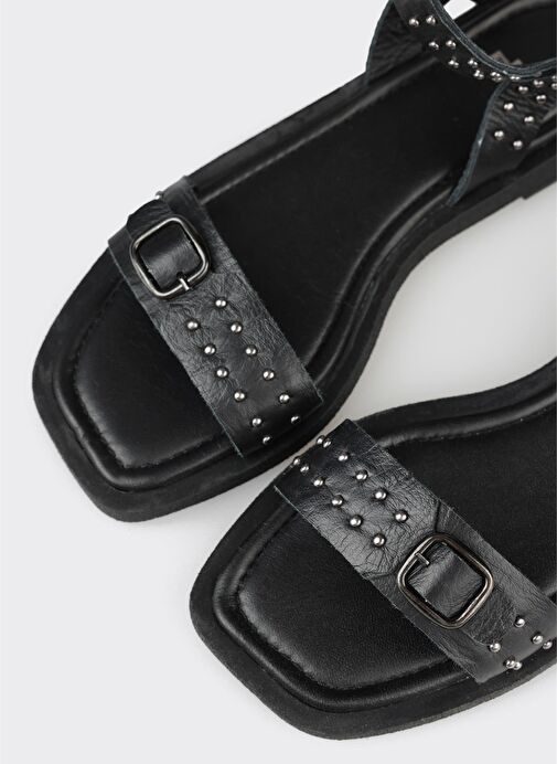 Siyah Deri Kadın Düz Sandalet - Görsel 5