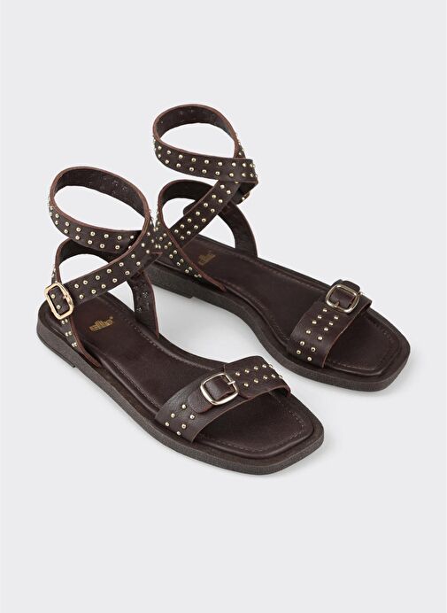 Kahve Deri Kadın Düz Sandalet - Görsel 3