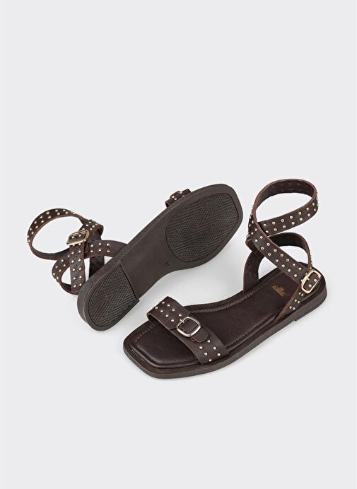 Kahve Deri Kadın Düz Sandalet - Görsel 4